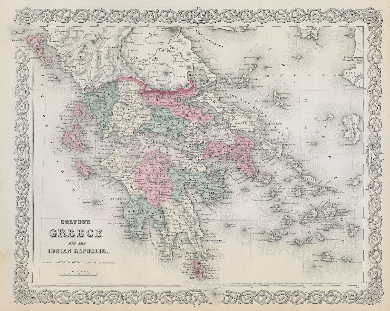 Colton's Greece and the Ionian Republic. Cyclades Aegean Sporades 1869 old map